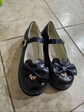 Black Bow Mary Jane Flats with Gold Accent